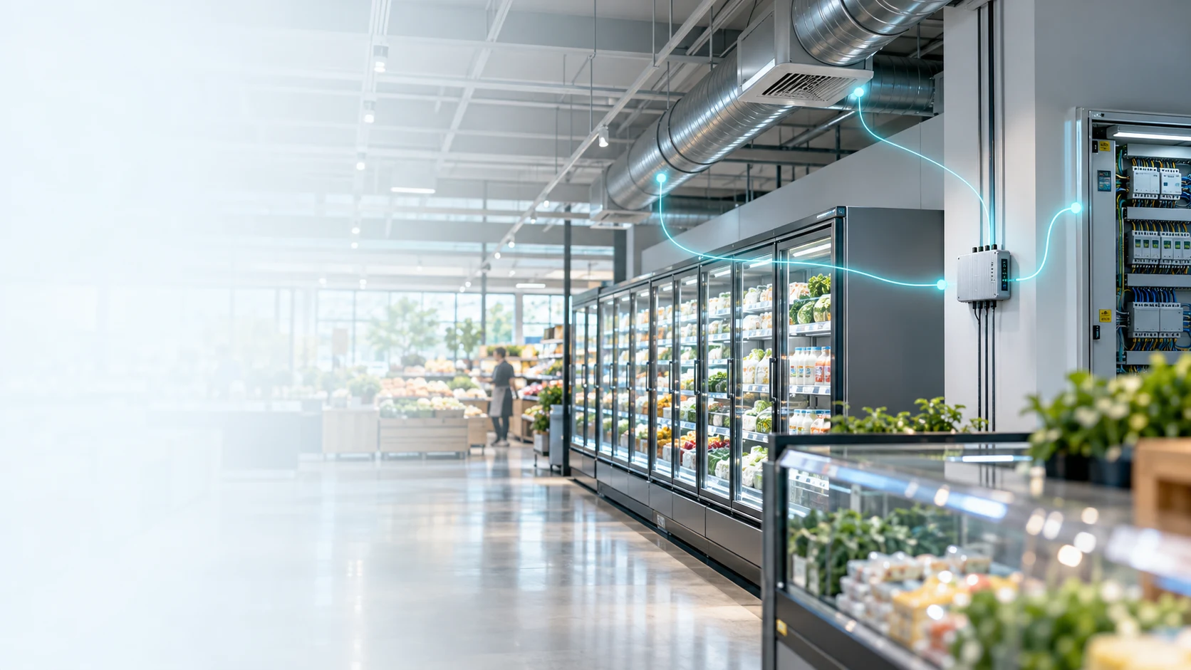 Butik med kyldiskar, ventilation och diskreta ljuslinjer mellan de tekniska systemen